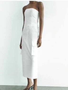 ZARA White Strapless Woven Cargo Midi Dress Pockets Blogger Fav Size XS